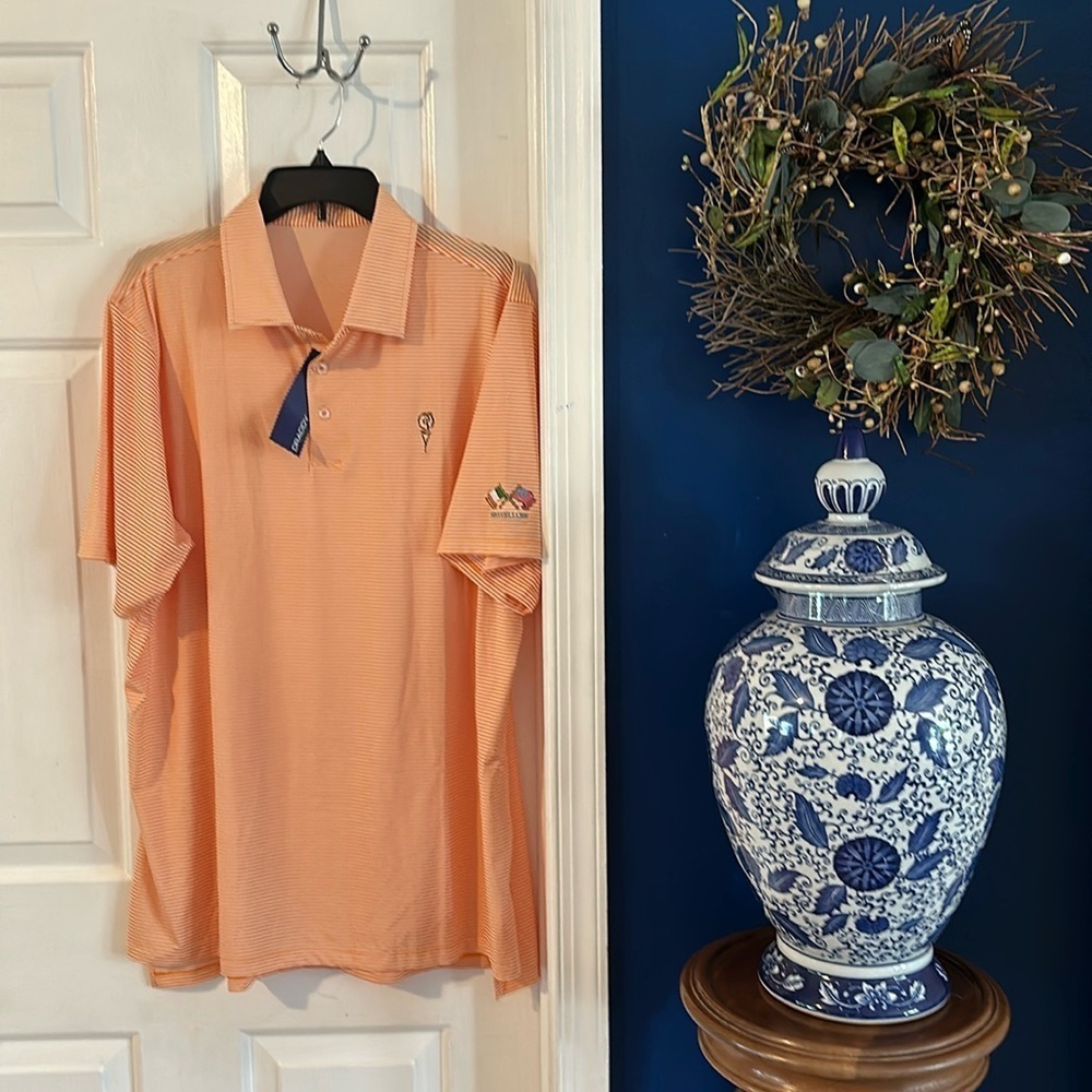 NWT Draddy Sport Jimmy Orange & White Striped Polyester & Spandex Golf Polo